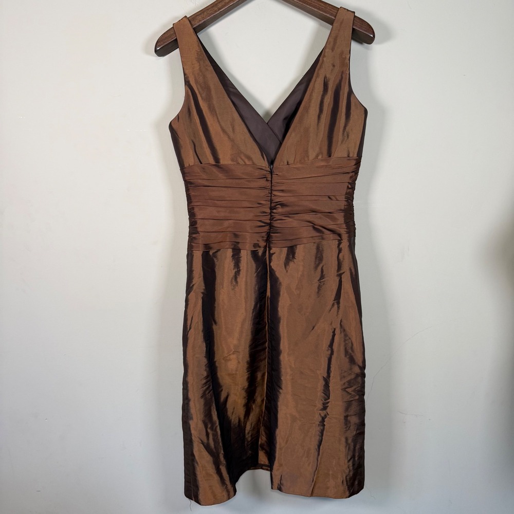 Me Too VTG Brown Satin Cocktail Surpliced V Neck Dress Size 12 - Picture 2 of 9